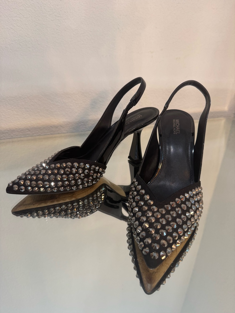 Michael Kors Black Pointed Slingback Heels with Silver Studs
